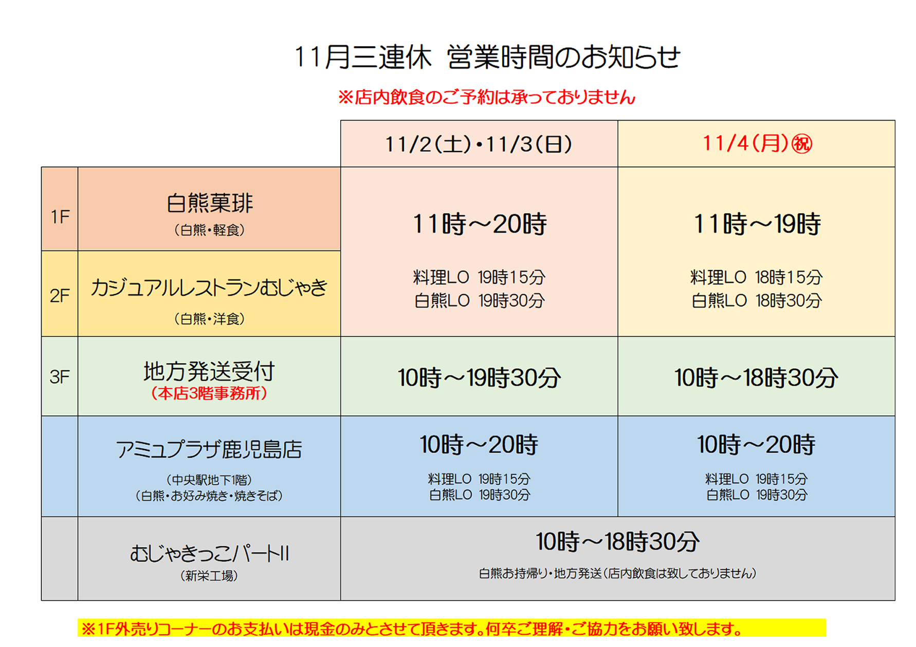 天文館むじゃき営業時間のお知らせ